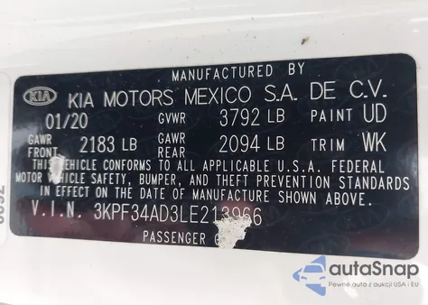 2020 Kia Forte Gt-Line из США, поврежденный, VIN 3KPF34AD3LE213966